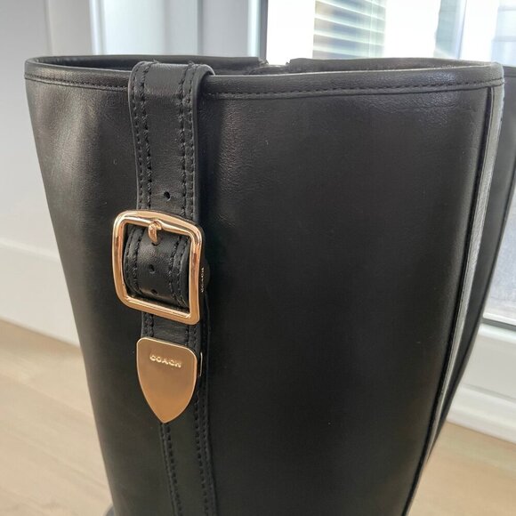 Coach Easton Sleek Knee High Leather Boots w Gold Buckle Hardware Black Sz 9.5 - Picture 2 of 13